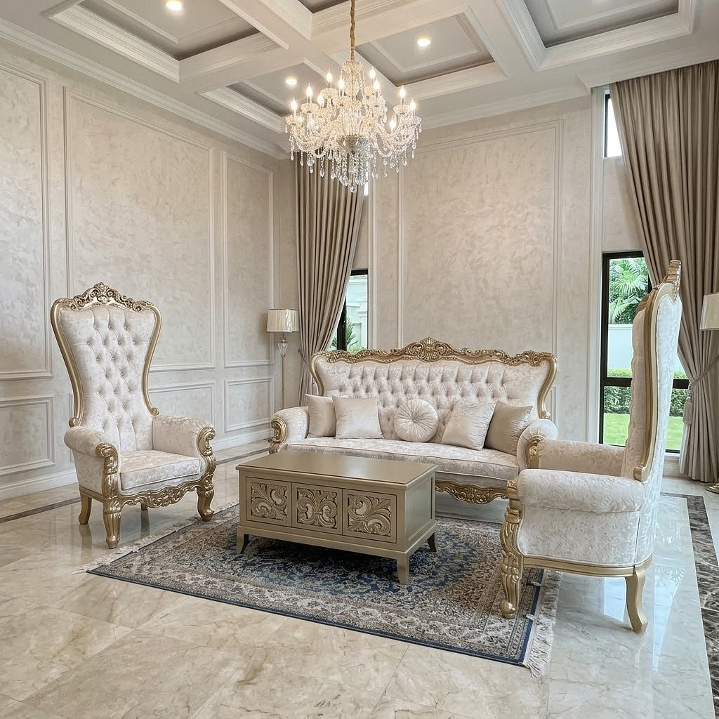Luxury living room set featuring a tufted cream sofa with ornate gold trim, two matching high-back wingback armchairs, a carved wooden coffee table, and a patterned area rug in a grand coffered room with a crystal chandelier.