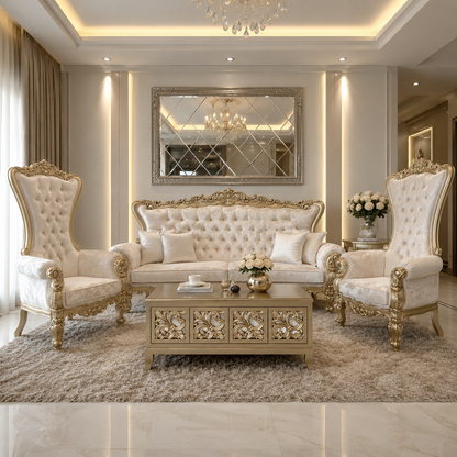 An elegant luxury living room set featuring a tufted cream sofa, two matching high-back wingback armchairs with ornate gold frames, a carved gold coffee table, and a large decorative mirror on a beige wall.