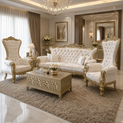Luxury living room furniture set featuring a white tufted sofa, two matching high-back wingback armchairs with ornate gold frames, and a matching carved coffee table on a plush beige rug.