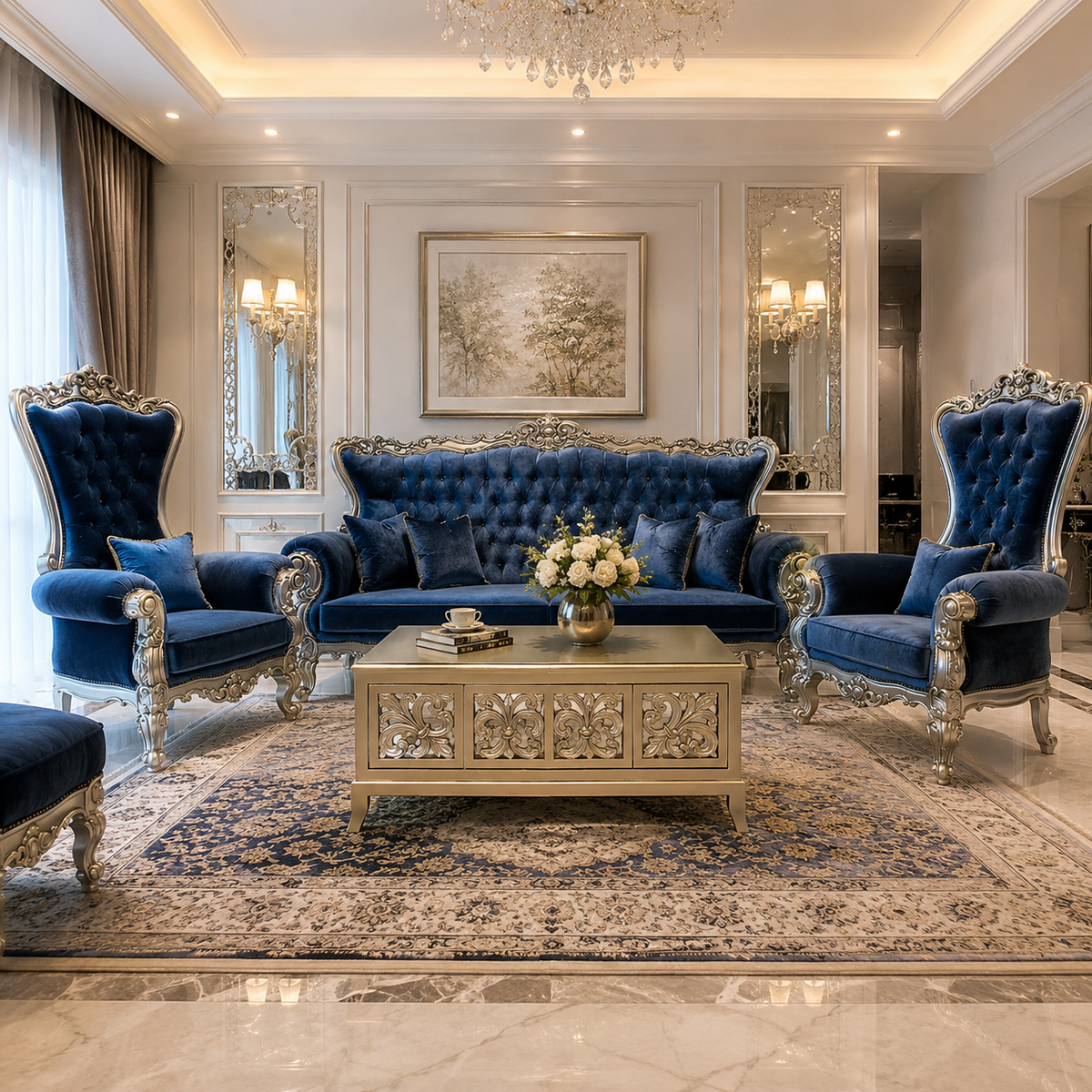 A luxury living room featuring a matching blue velvet sofa, two high-back wingback armchairs, a carved silver coffee table, and a large patterned area rug.