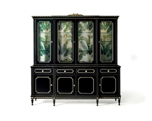 Black cabinet with glass doors featuring green leaf patterns on a white background