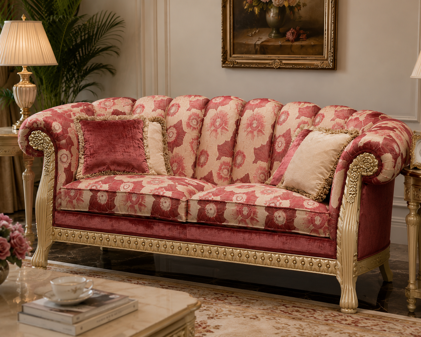 An ornate living room featuring 3 seater floral velvet sofas upholstered in pink and red damask fabric with cream-colored carved frames