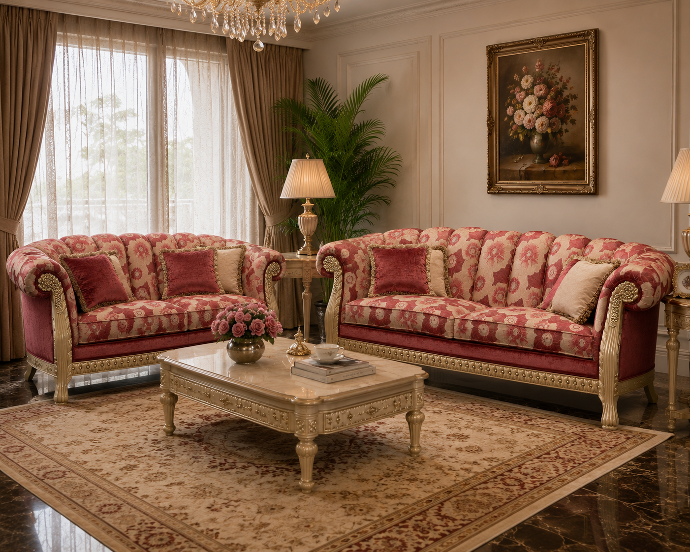 An ornate living room featuring two matching floral velvet sofas upholstered in pink and red damask fabric with cream-colored carved frames, arranged on a large patterned rug around a matching console table.