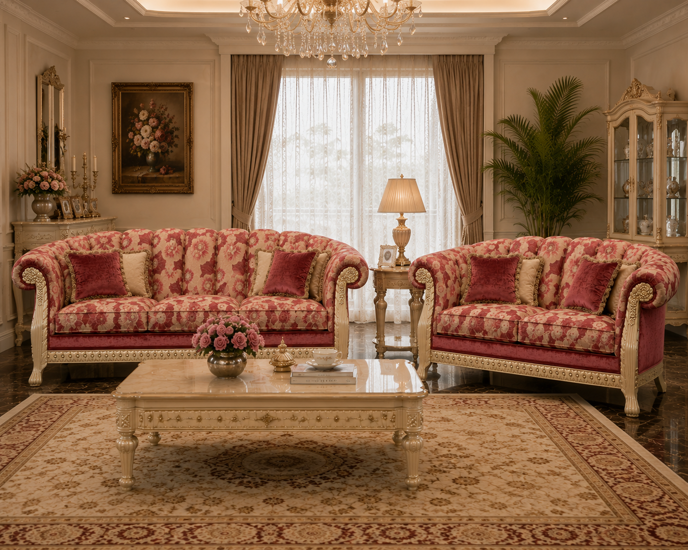 An ornate living room featuring two matching floral velvet sofas upholstered in pink and red damask fabric with cream-colored carved frames, arranged on a large patterned rug around a matching console table.