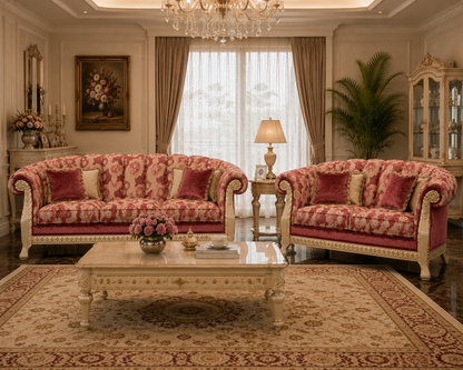 An ornate living room featuring two matching floral velvet sofas upholstered in pink and red damask fabric with cream-colored carved frames, arranged on a large patterned rug around a matching console table.
