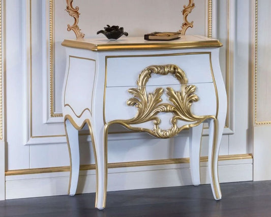 French Victorian Bedside Drawers Cabinet Nightstand with intricate carvings finished in gold accents. Hand-carved in mahogany wood.