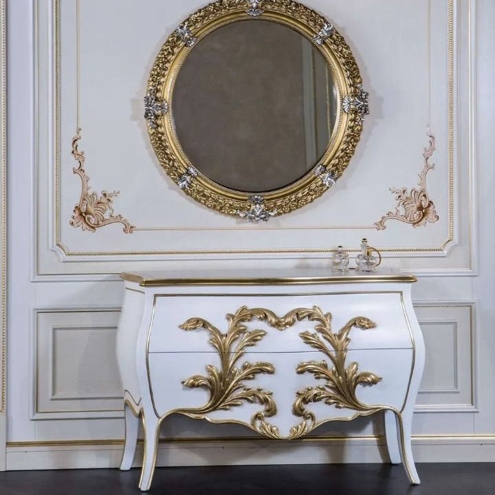 French Victorian Dresser Chest of Drawers, hand-carved in mahogany wood. Finished in white lacquer and gold details on the carvings.
