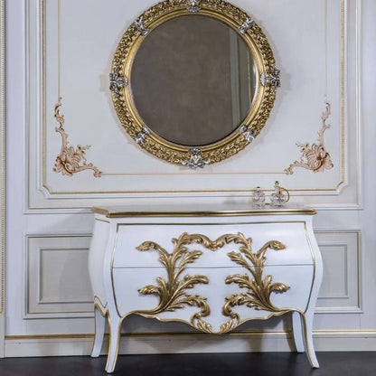 French Victorian Dresser Chest of Drawers, hand-carved in mahogany wood. Finished in white lacquer and gold details on the carvings.