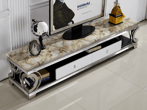 REIGN Marble Top Chrome TV Console
