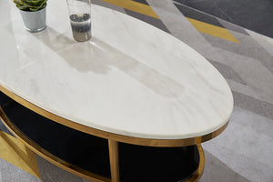 COURTNEY Oval Coffee Table | 2-Tier Marble & Tempered Glass